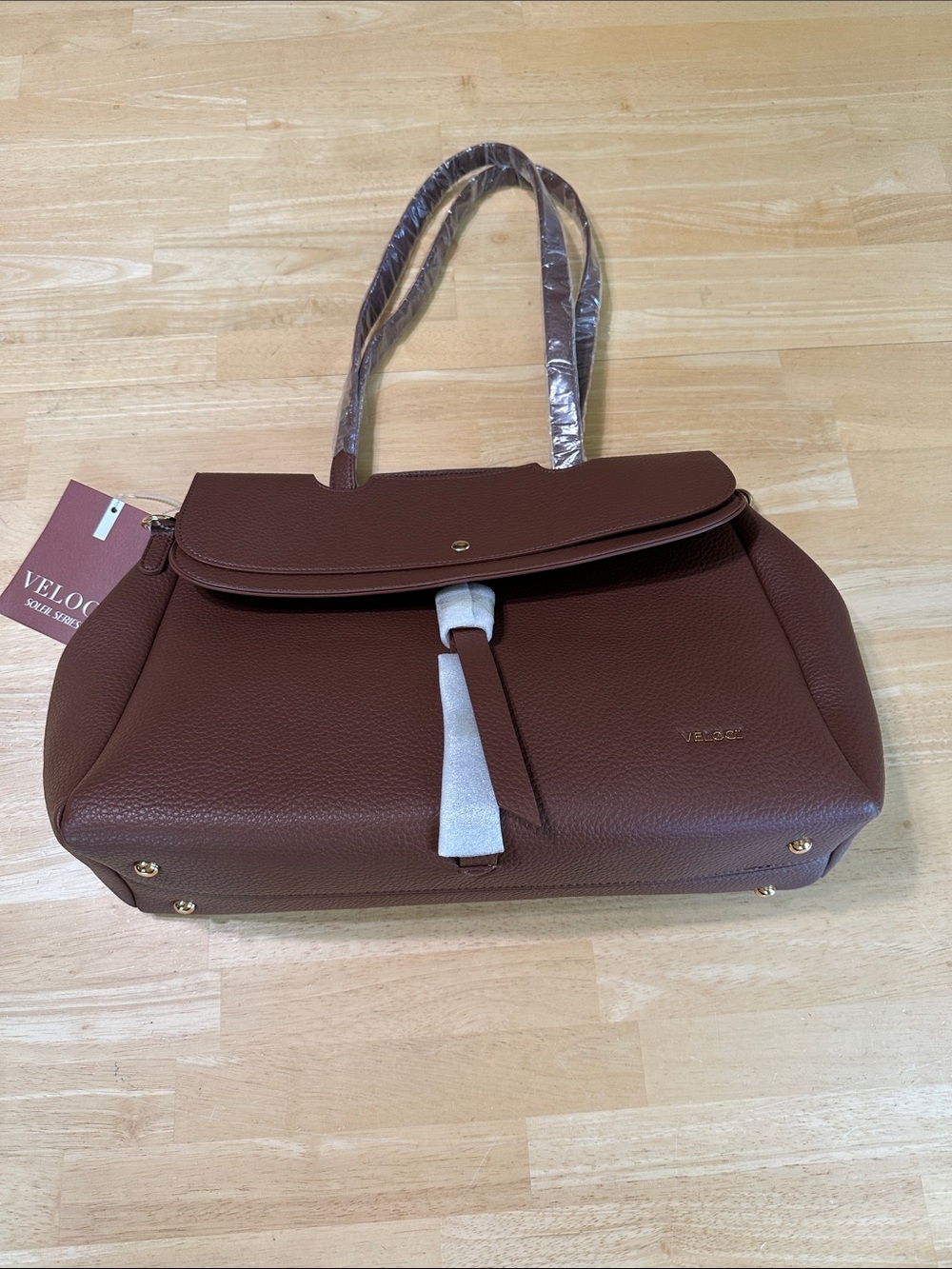 VELOCIO Brown Pebbled Tote with Flap and Tassel